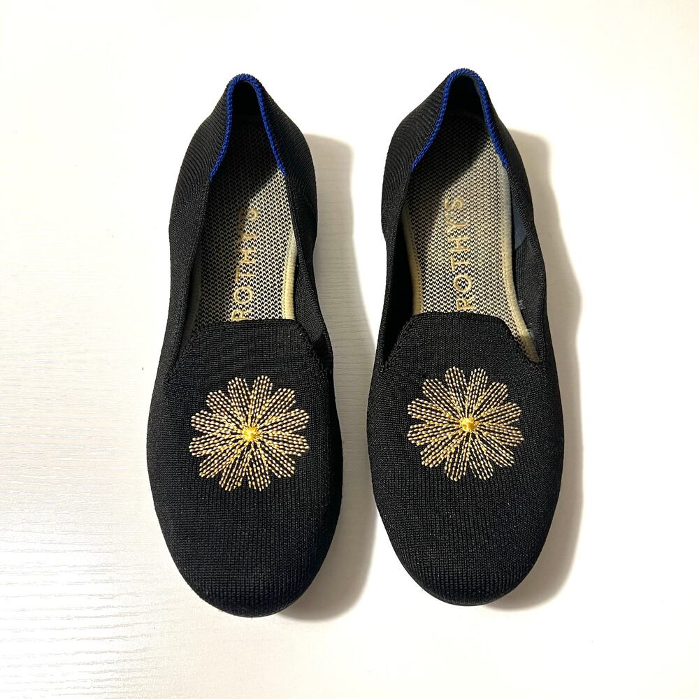 Rothy's Black Flats with Gold Floral Embroidery